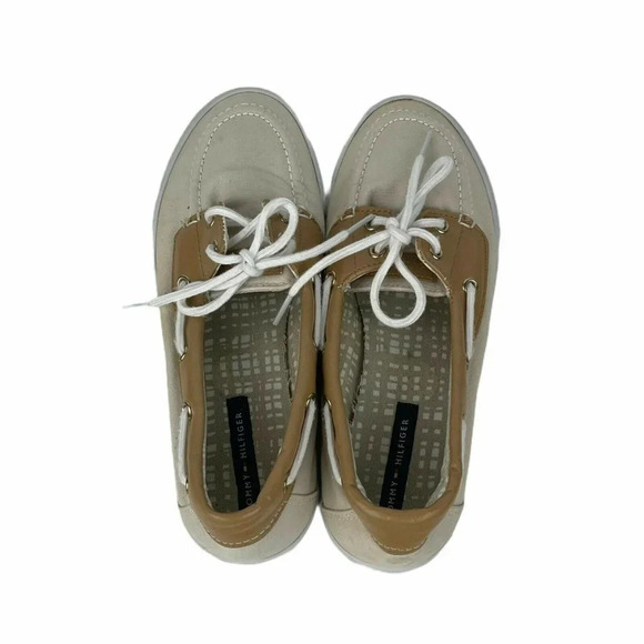 Tommy Hilfiger Boat Shoes Flats Womens Sz 7M Beige Slip On Round Toe Bow Fabric - Picture 6 of 10